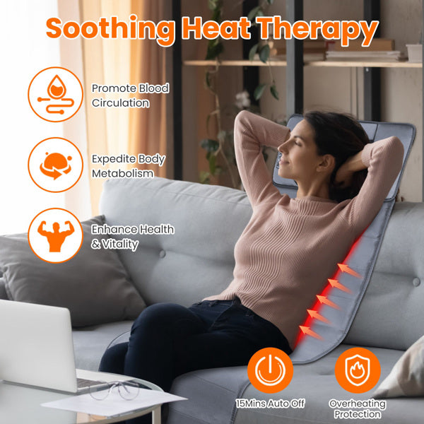 Grey massage cushion with heat lines for neck and back, remote-style control nearby