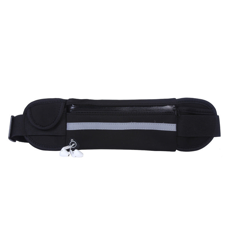 Black running belt fanny pack with top zip, light gray reflective stripe
