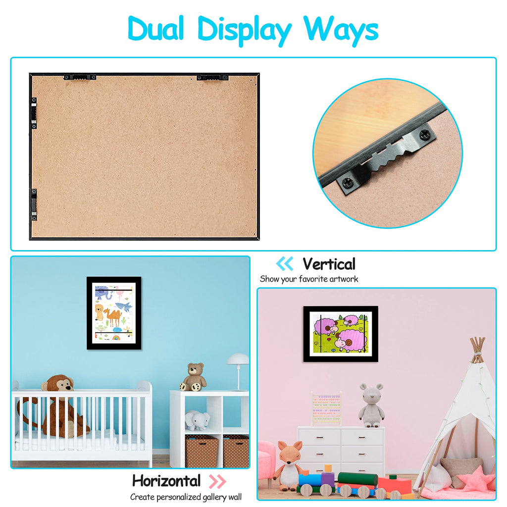 Front-opening A4 art frame with dual display options: vertical or horizontal mounting.