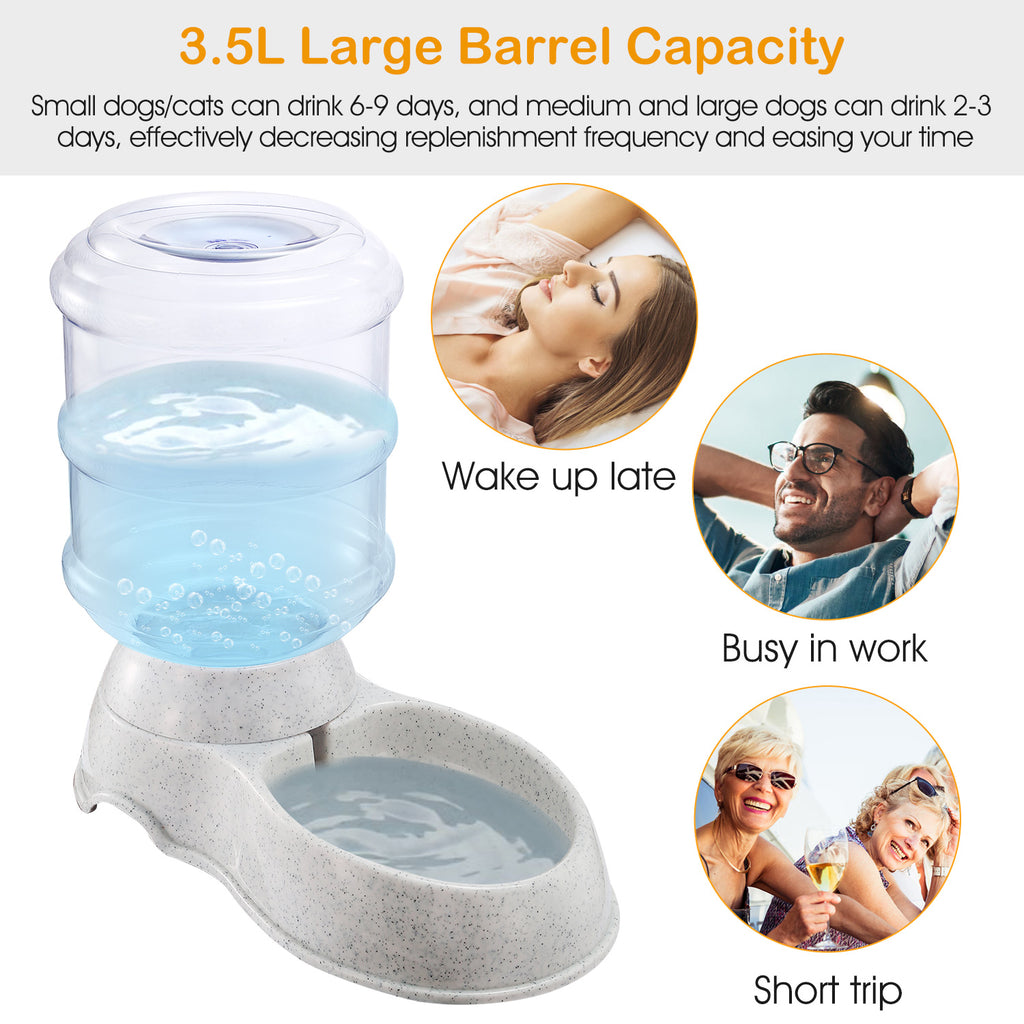 Gravity pet water dispenser with clear barrel and wide drinking basin on speckled base
