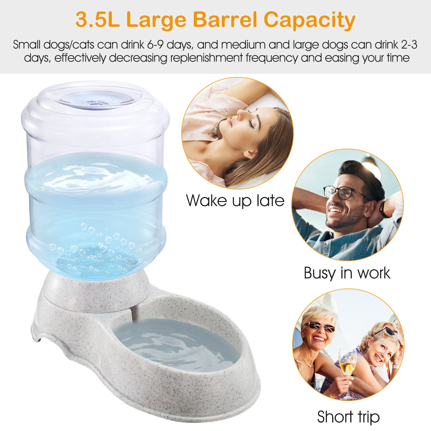 Gravity pet water dispenser with clear barrel and wide drinking basin on speckled base