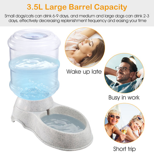 Gravity pet water dispenser with clear barrel and wide drinking basin on speckled base