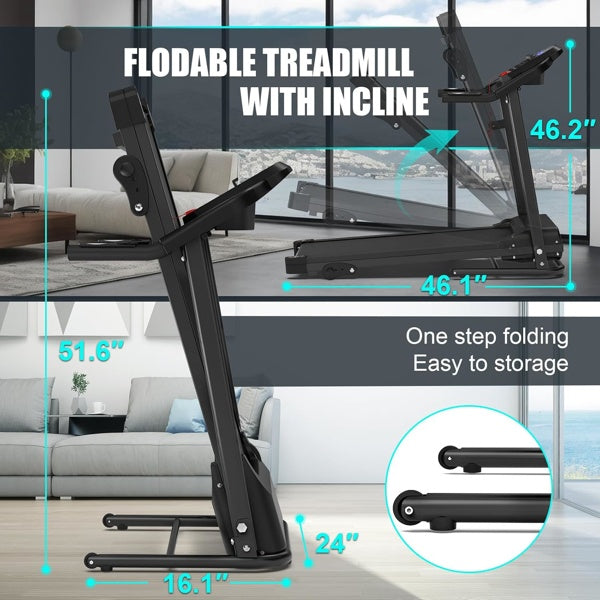 Black foldable treadmill with incline bars and console, shown unfolded with side base