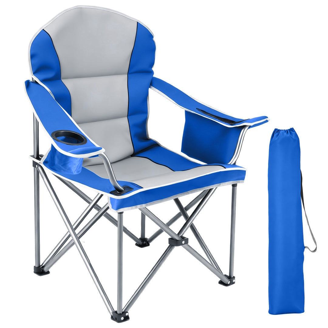 Oversized camping folding chair with blue seat, blue carry bag, and side cup holder