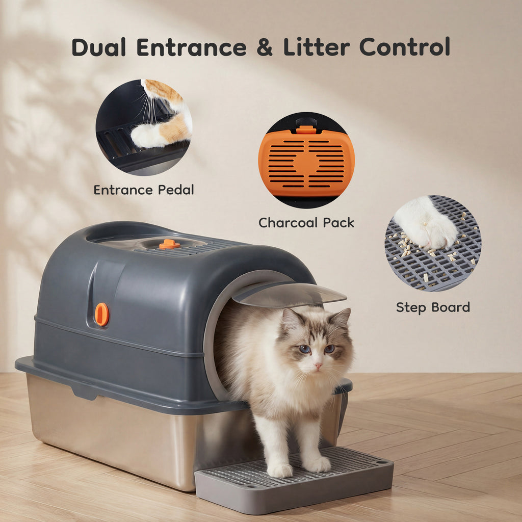 Double-entry cat litter box with dark gray hood, dual entrance openings, and gray step board