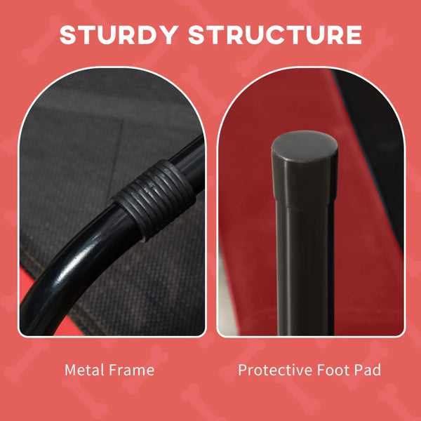 Black metal frame close-up with protective foot pad for red dog cot canopy