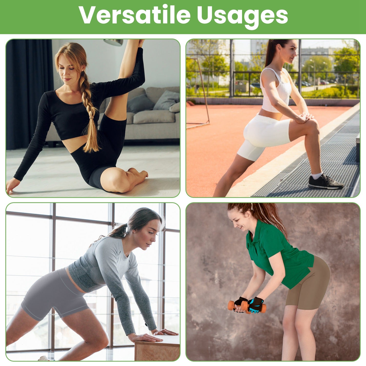 High-waist biker shorts worn in black, white, grey, and green activity scenes