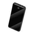 Black compact power bank with dual USB ports and battery % indicator on screen