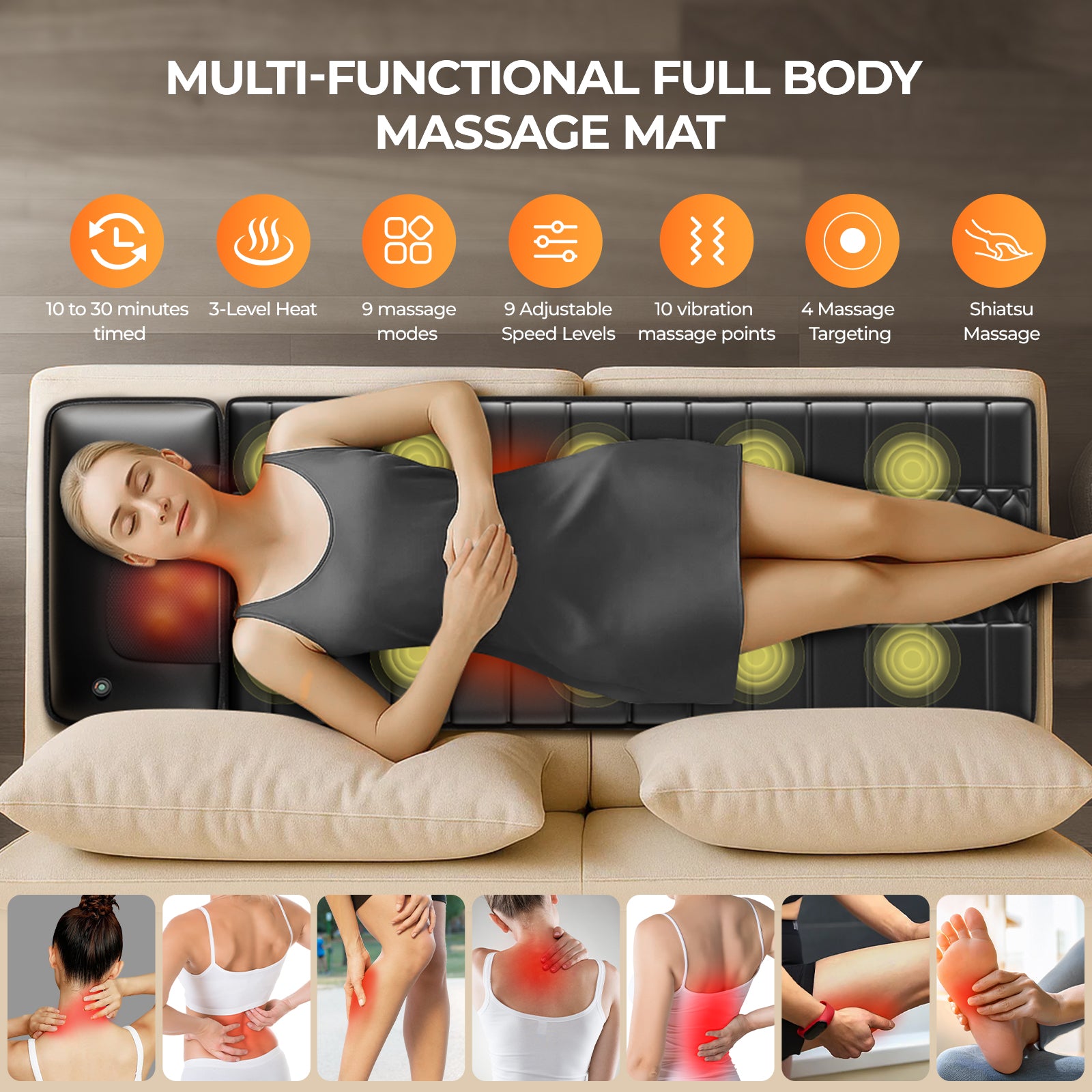 Full-body massage mat with heat, kneading nodes, and targeted massage zones along the back