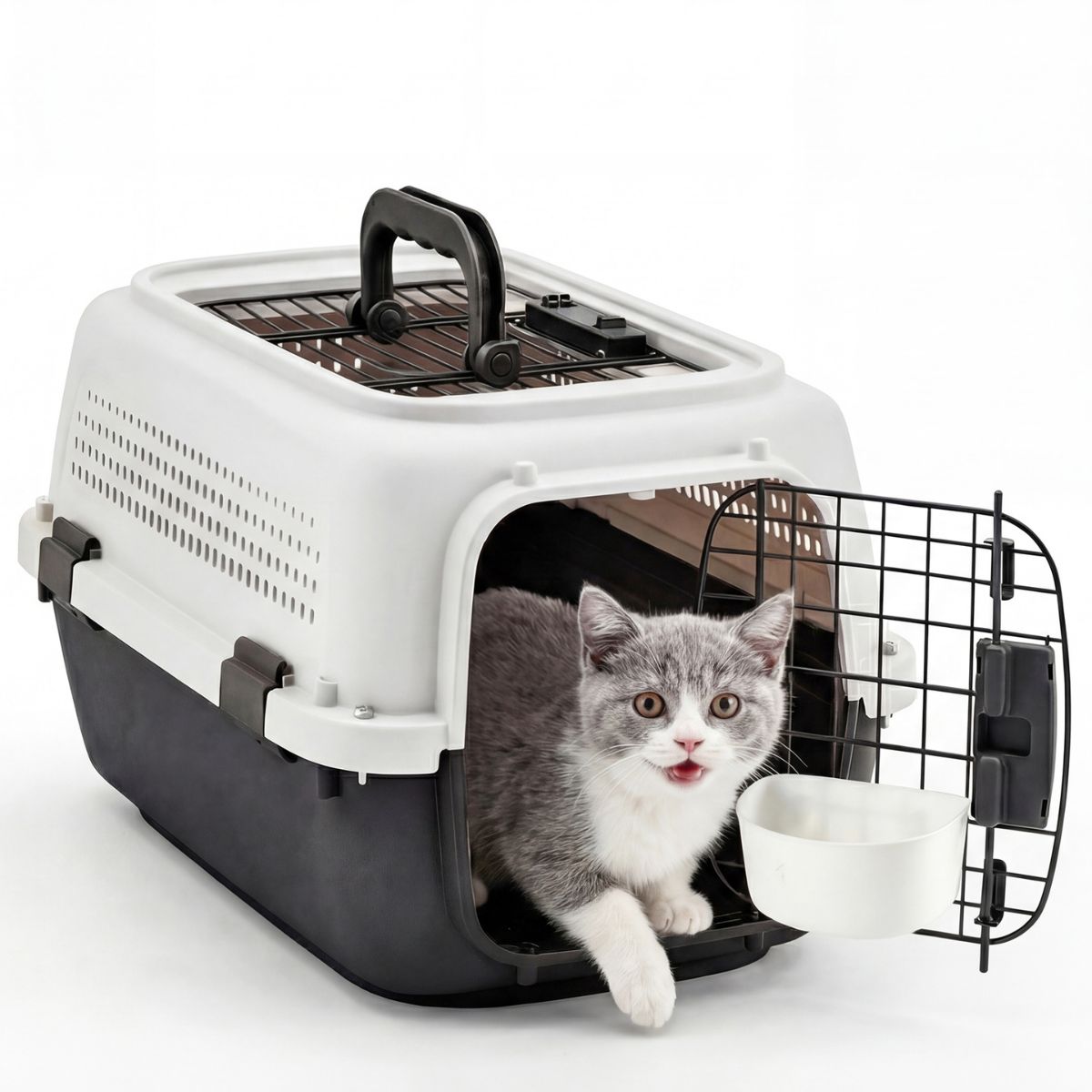 Hard-sided pet carrier with top handle, ventilated top, and front wire door, white and gray