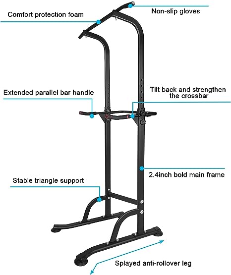 Black adjustable dip stand with pull-up bar and parallel grip handles
