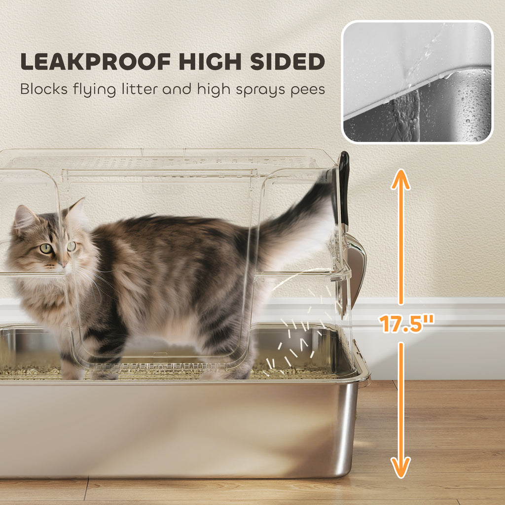 High-sided stainless steel litter box with transparent hood; tabby cat inside, side view