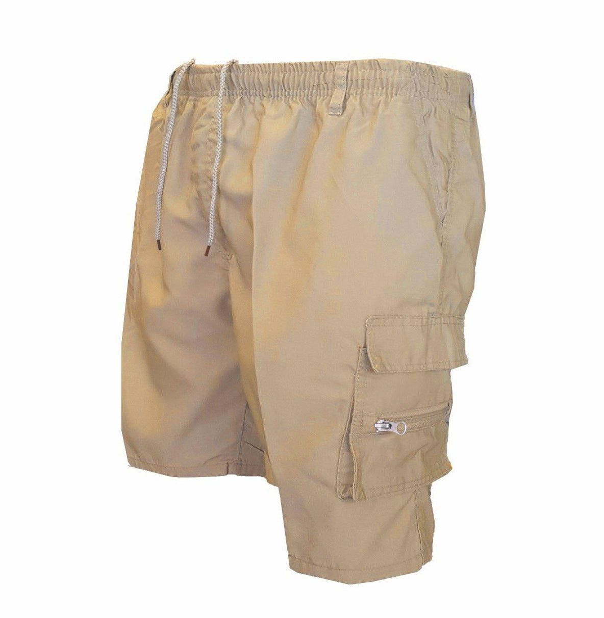 Men’s loose workout shorts in khaki/beige; drawstring waist with cargo side pocket