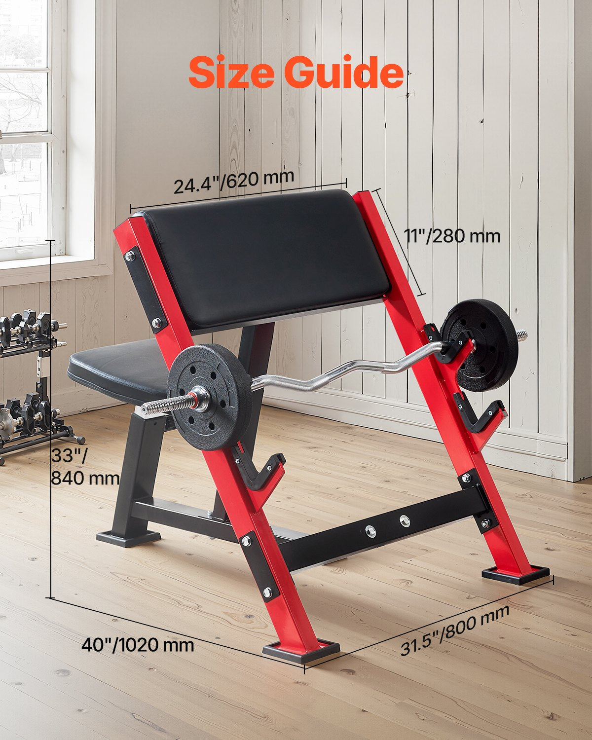 Preacher curl bench with black pad, red frame, and angled bicep support arms