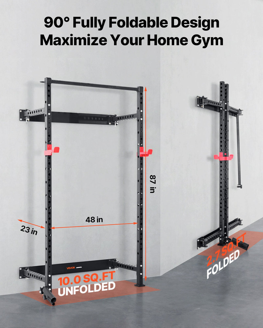 Black fully foldable wall squat rack with red hooks and 90-degree fold design