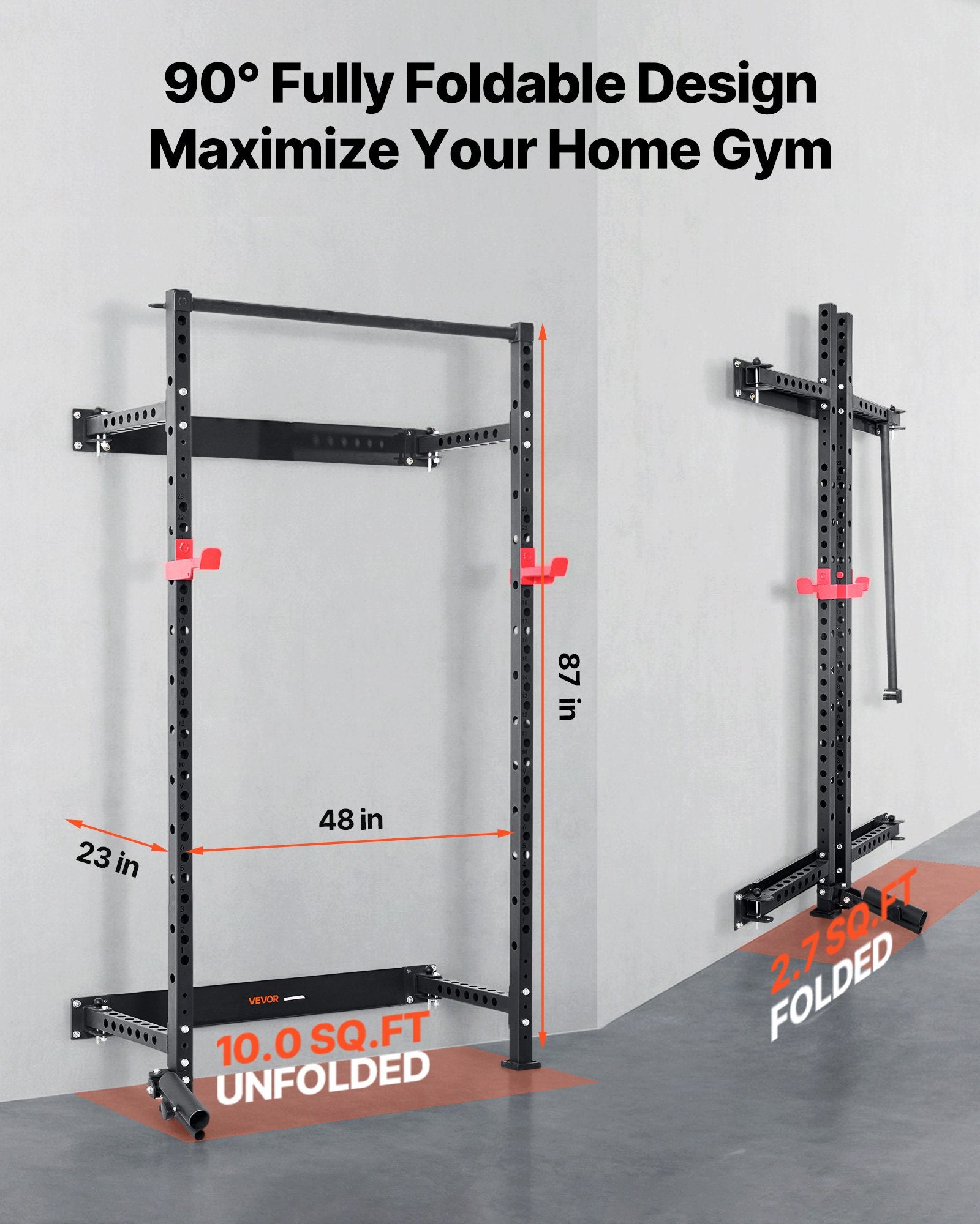 Black fully foldable wall squat rack with red hooks and 90-degree fold design
