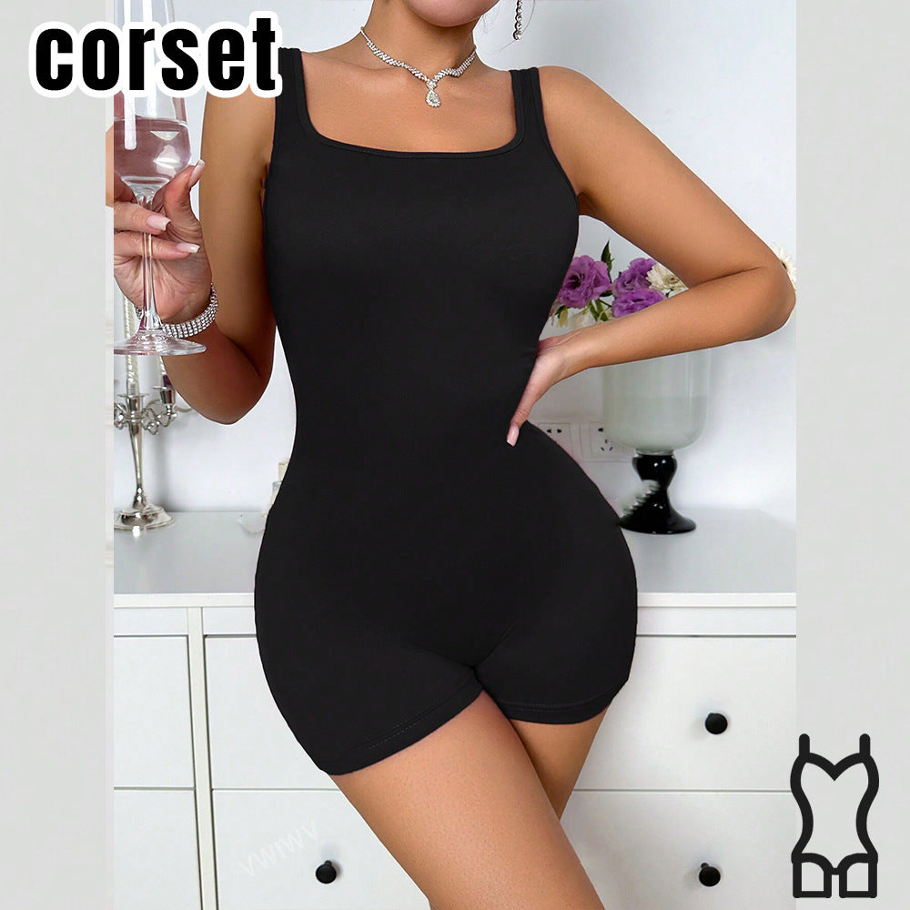 Black seamless sculpting bodysuit, scoop neck with wide straps and high-cut shorts