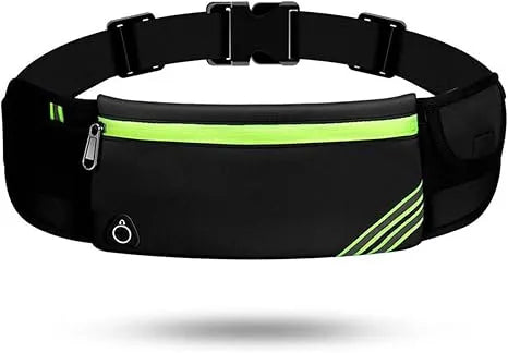 Black reflective running waist pack with phone holder, neon green zip pocket, adjustable strap.