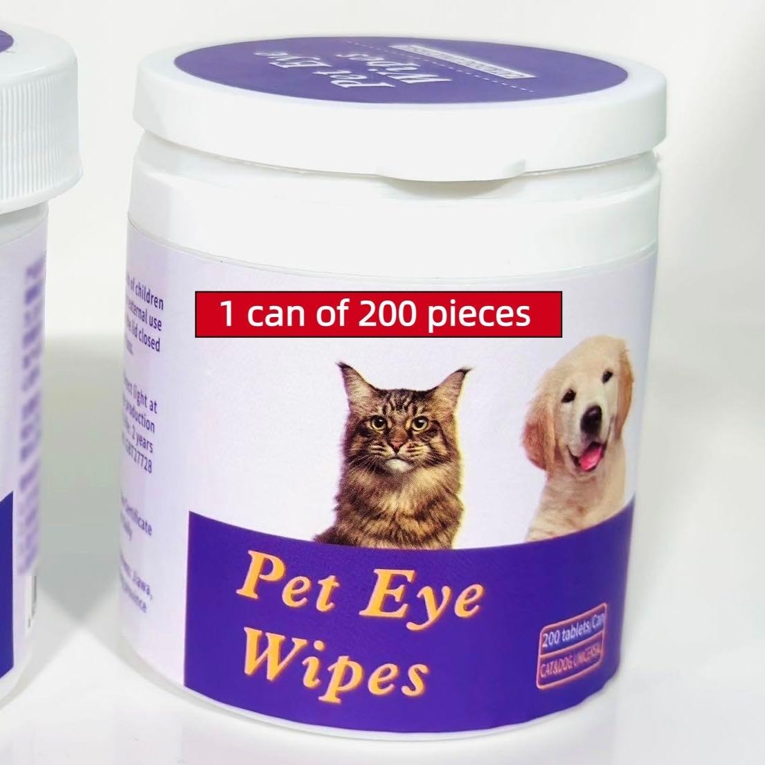 Pet Eye Wipes tub labeled 1 can of 200 pieces with cat & dog graphics