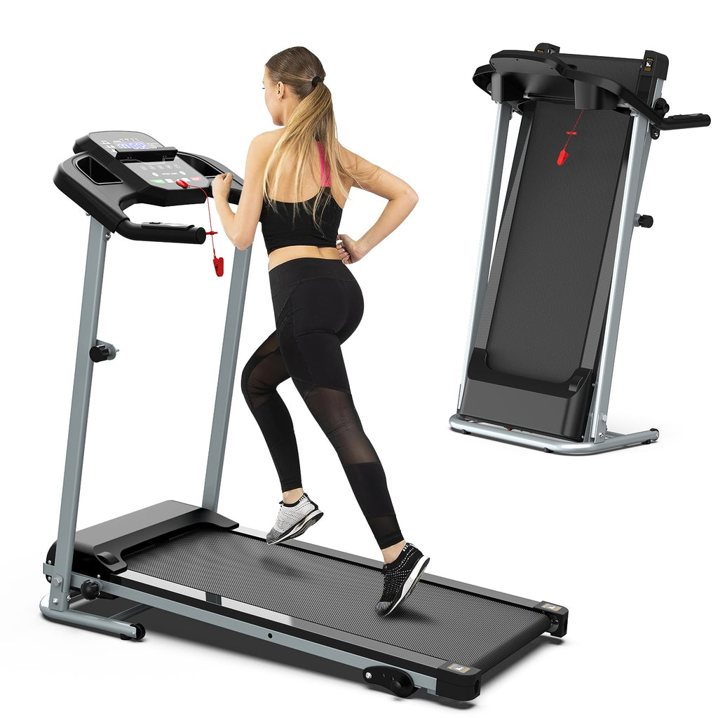 Folding treadmill with dark console, grey frame, and black running belt