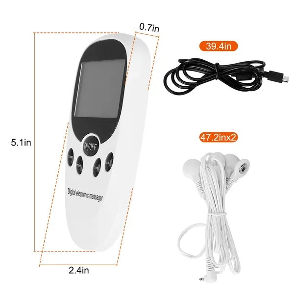 Compact white TENS pulse massager with size diagram and electrode lead wires