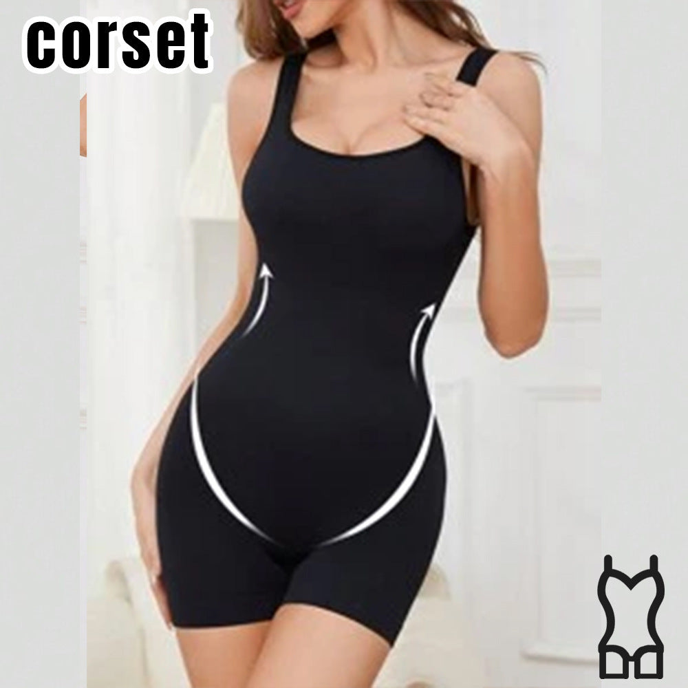 Black women's sculpting bodysuit, scoop neck with wide straps and short leg