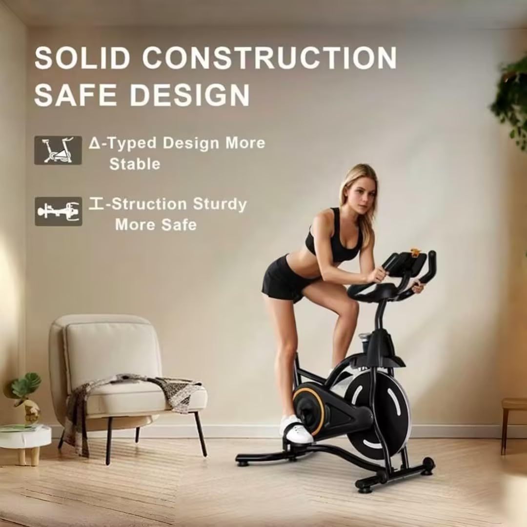 Black spin bike with sturdy frame and large flywheel for stable indoor cycling workouts.