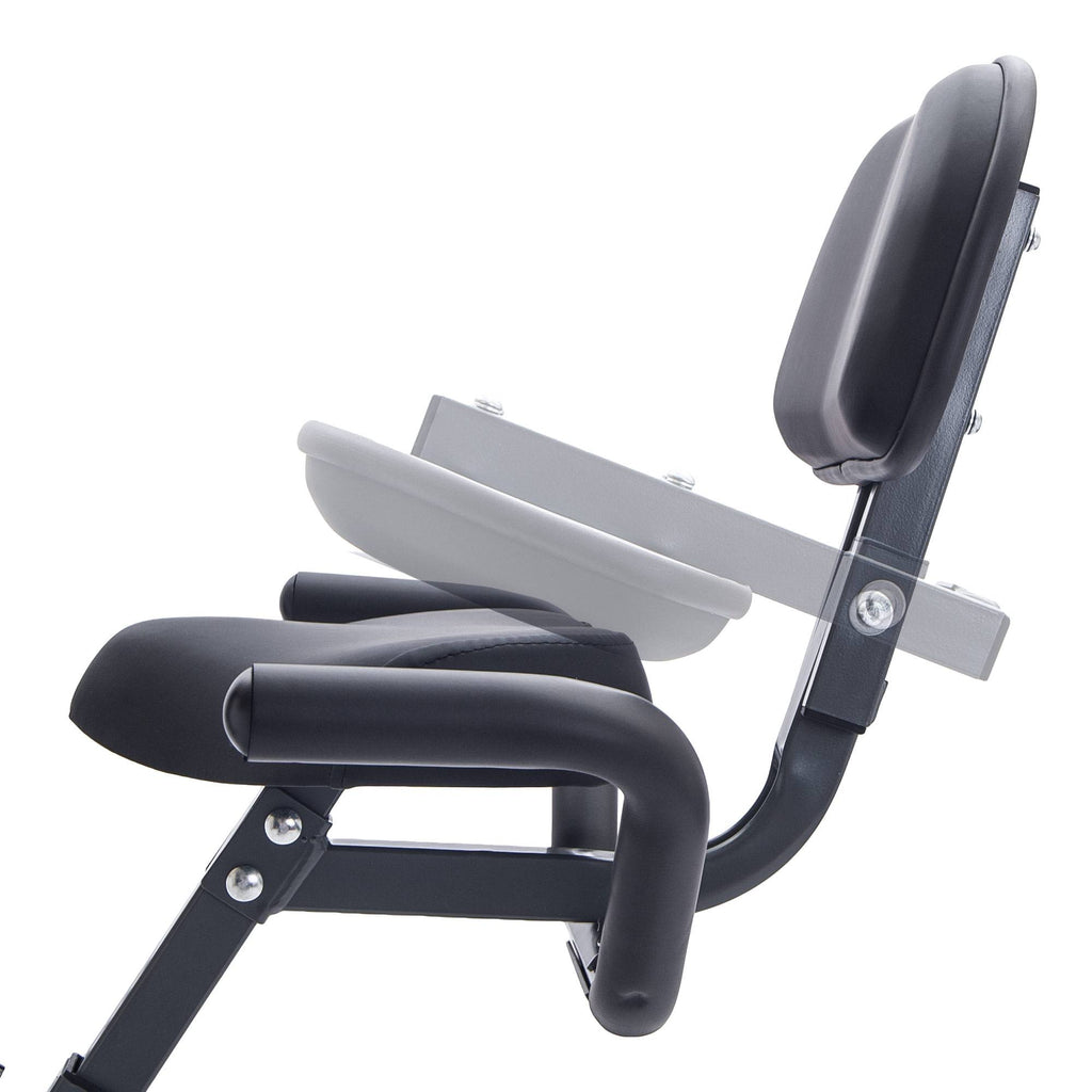 Folding exercise bike with black padded seat and adjustable backrest