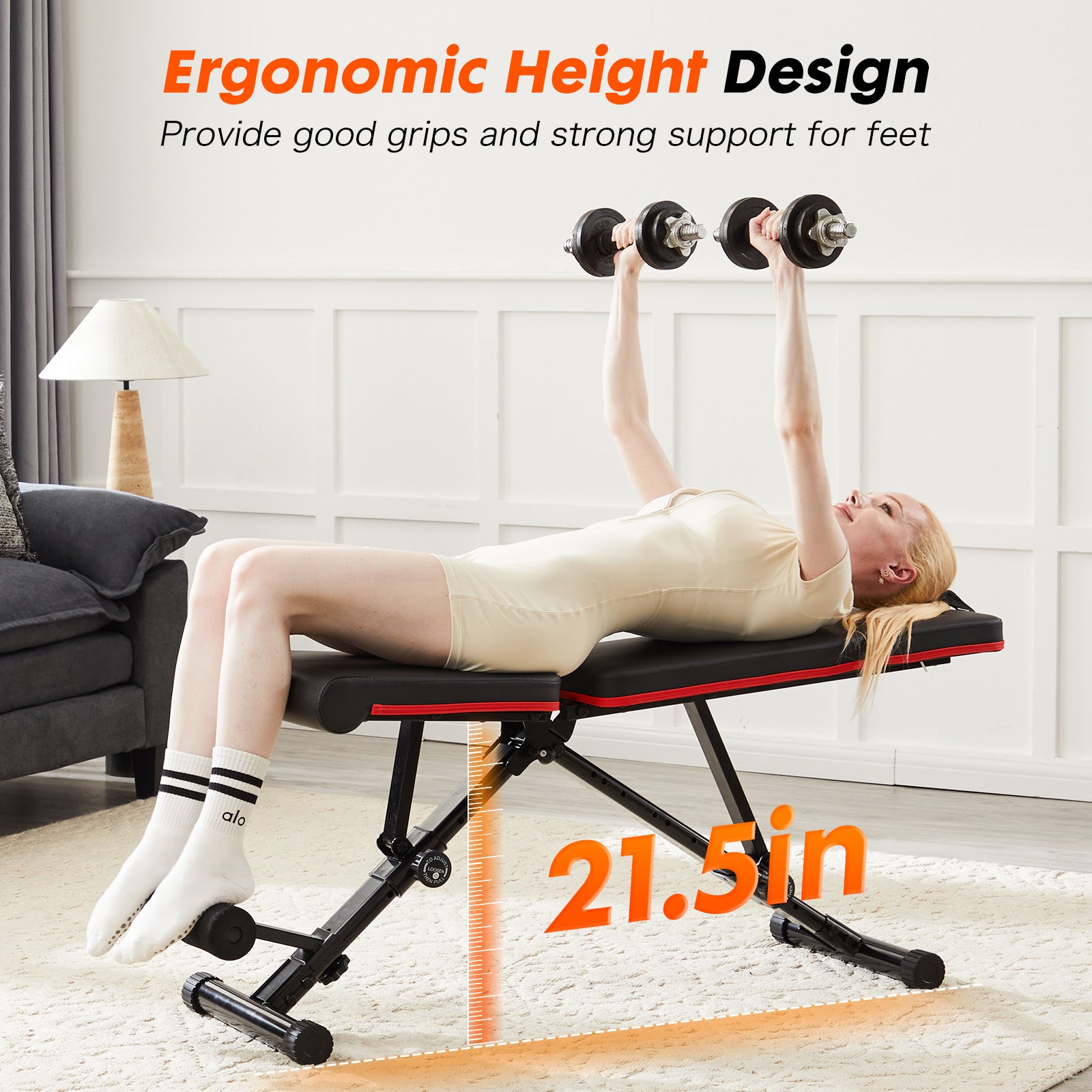 Adjustable fitness bench with padded backrest and seat, feet height supports visible