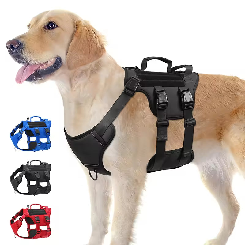 Black tactical no-pull dog harness vest with dual back handles and front strap