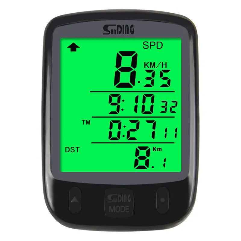 Black bike speedometer close-up with bright green LCD showing SPD, KM/H, and time