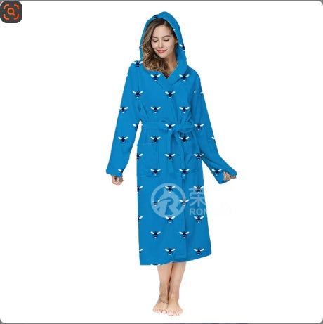 Oversized hooded bathrobe, plush flannel in blue with bird pattern and tie belt