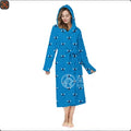 Oversized hooded bathrobe, plush flannel in blue with bird pattern and tie belt