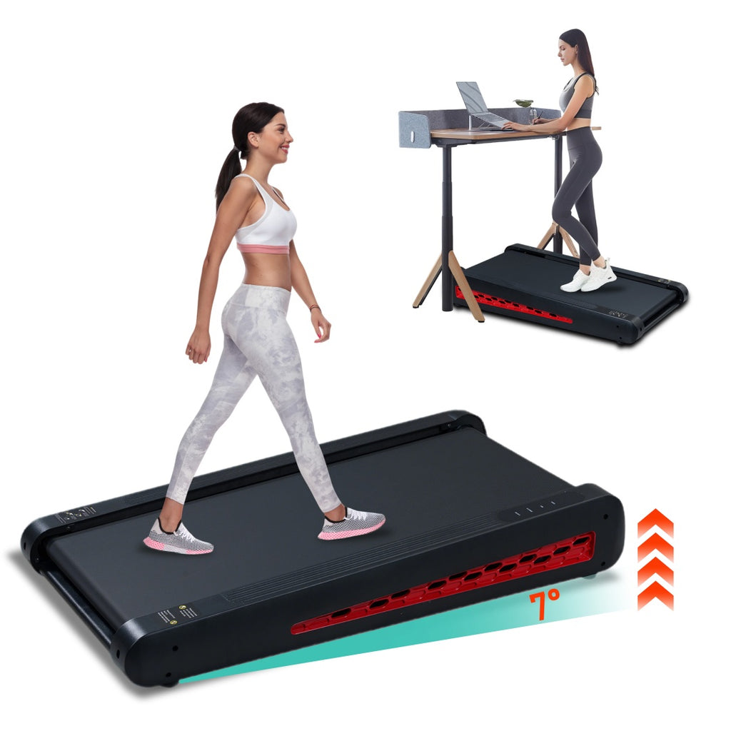 Black under-desk walking pad treadmill with 7% incline support and red ventilation strip