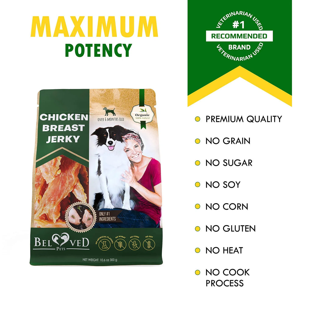 Chicken breast jerky dog treats pouch with premium no grain callouts
