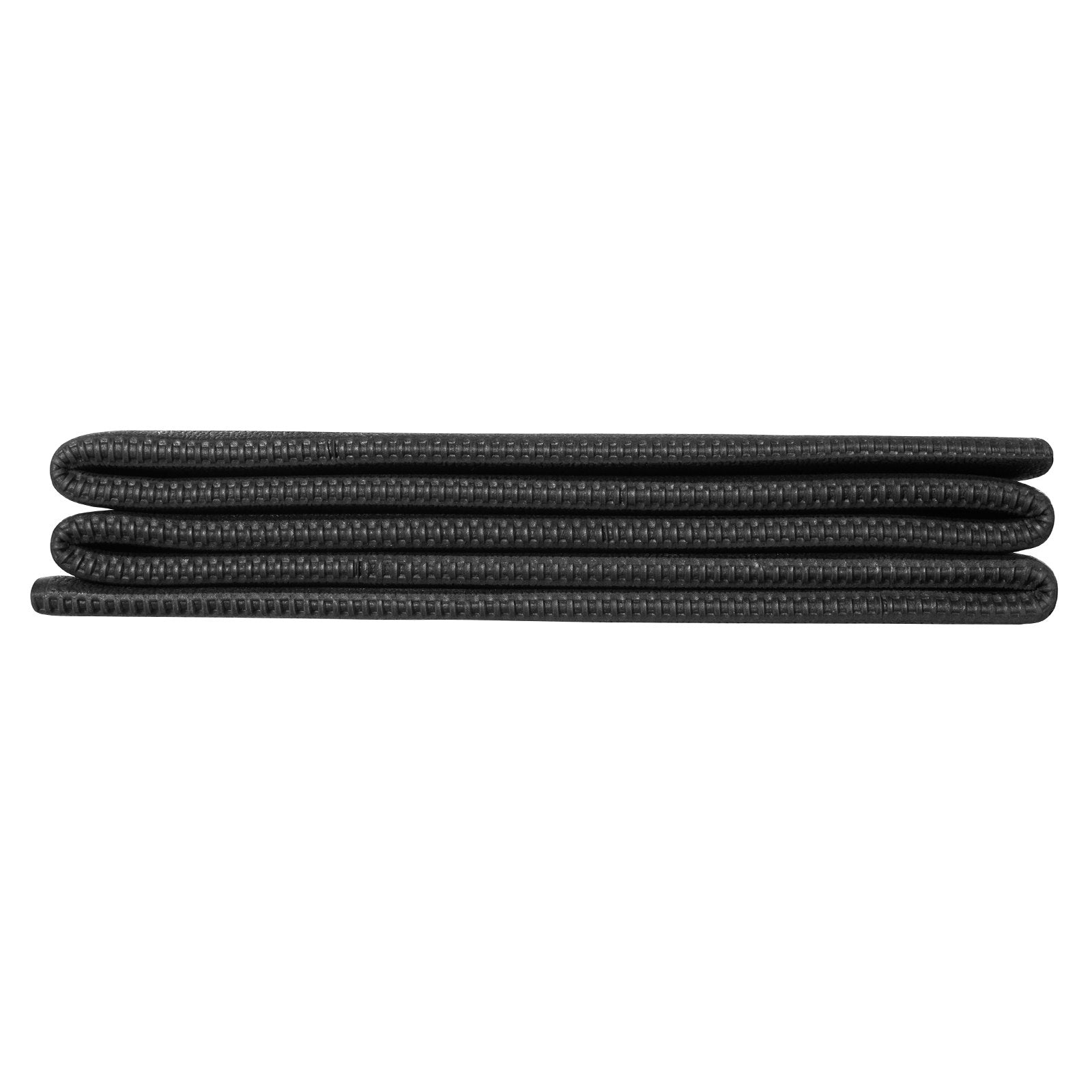 Folded black treadmill mat rolls, textured non-slip surface, stacked for storage
