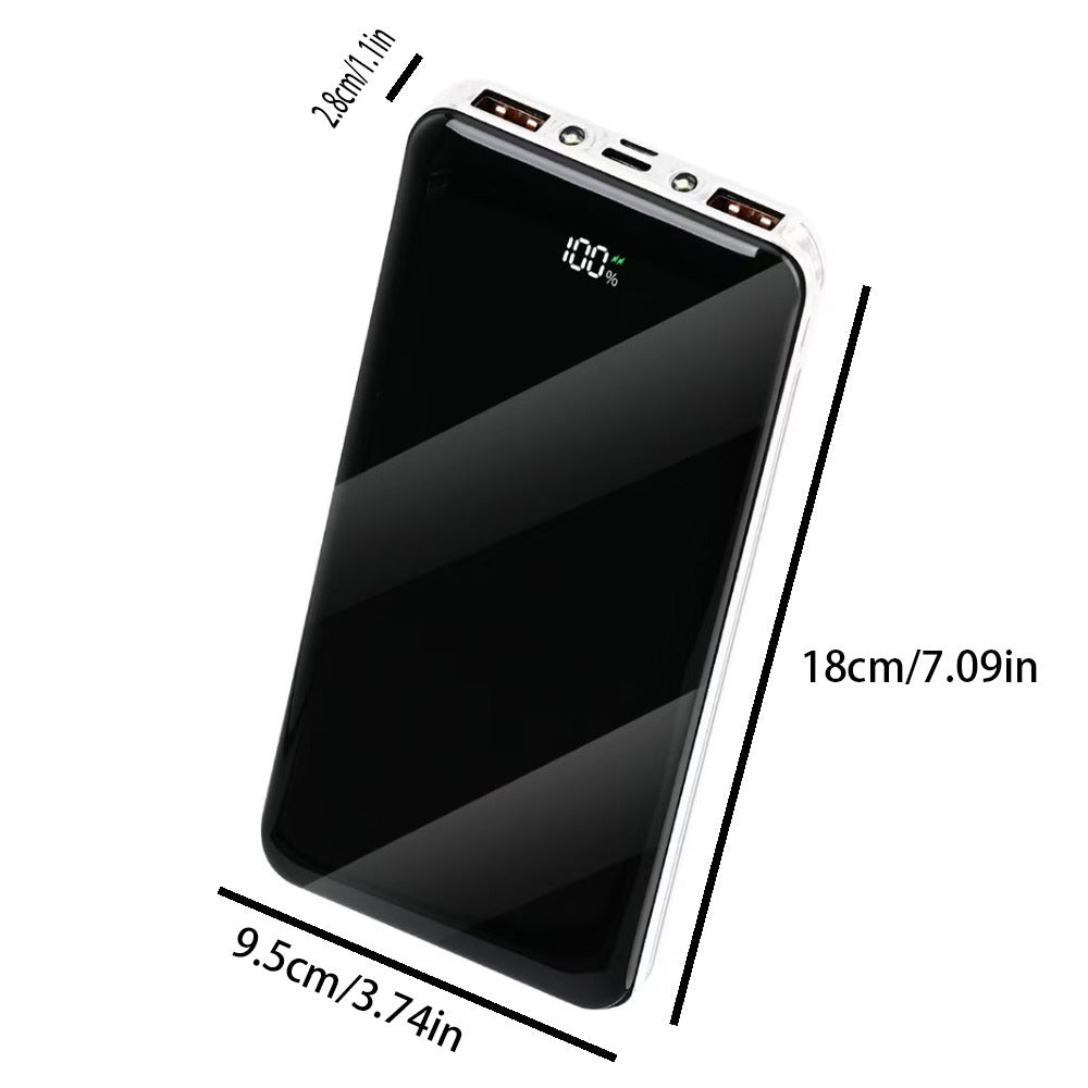 White power bank with dual USB ports; size markings 18cm and 9.5cm visible