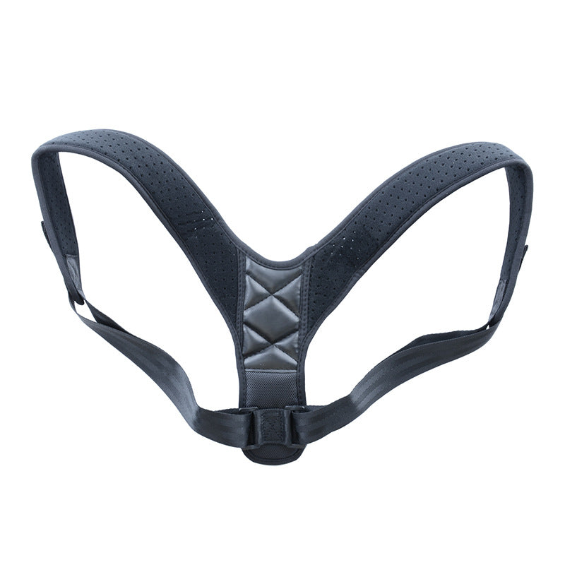 Posture support brace with padded V-back panel and two adjustable shoulder straps, dark gray.