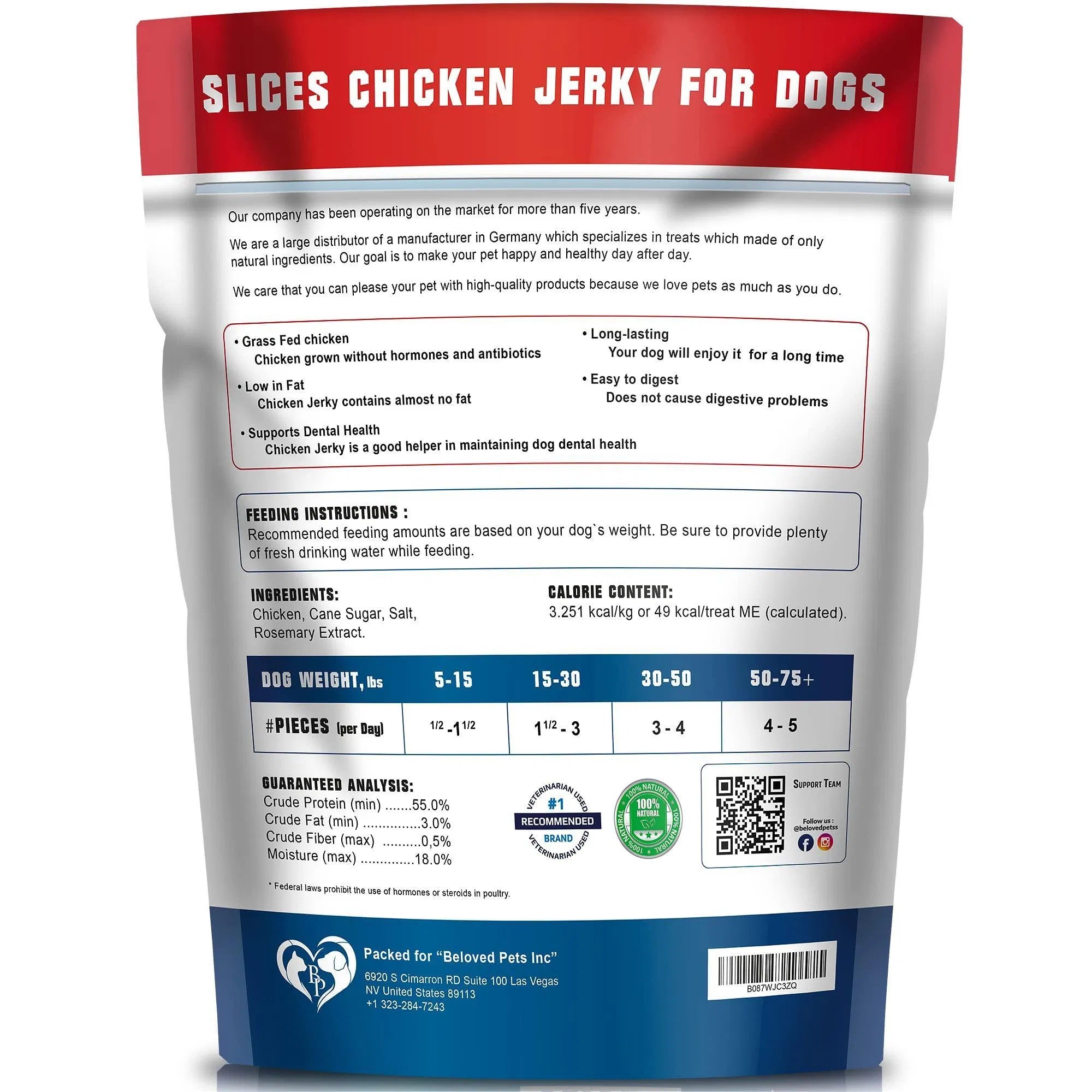 Chicken jerky dog treats pouch back with feeding instructions and ingredients panel