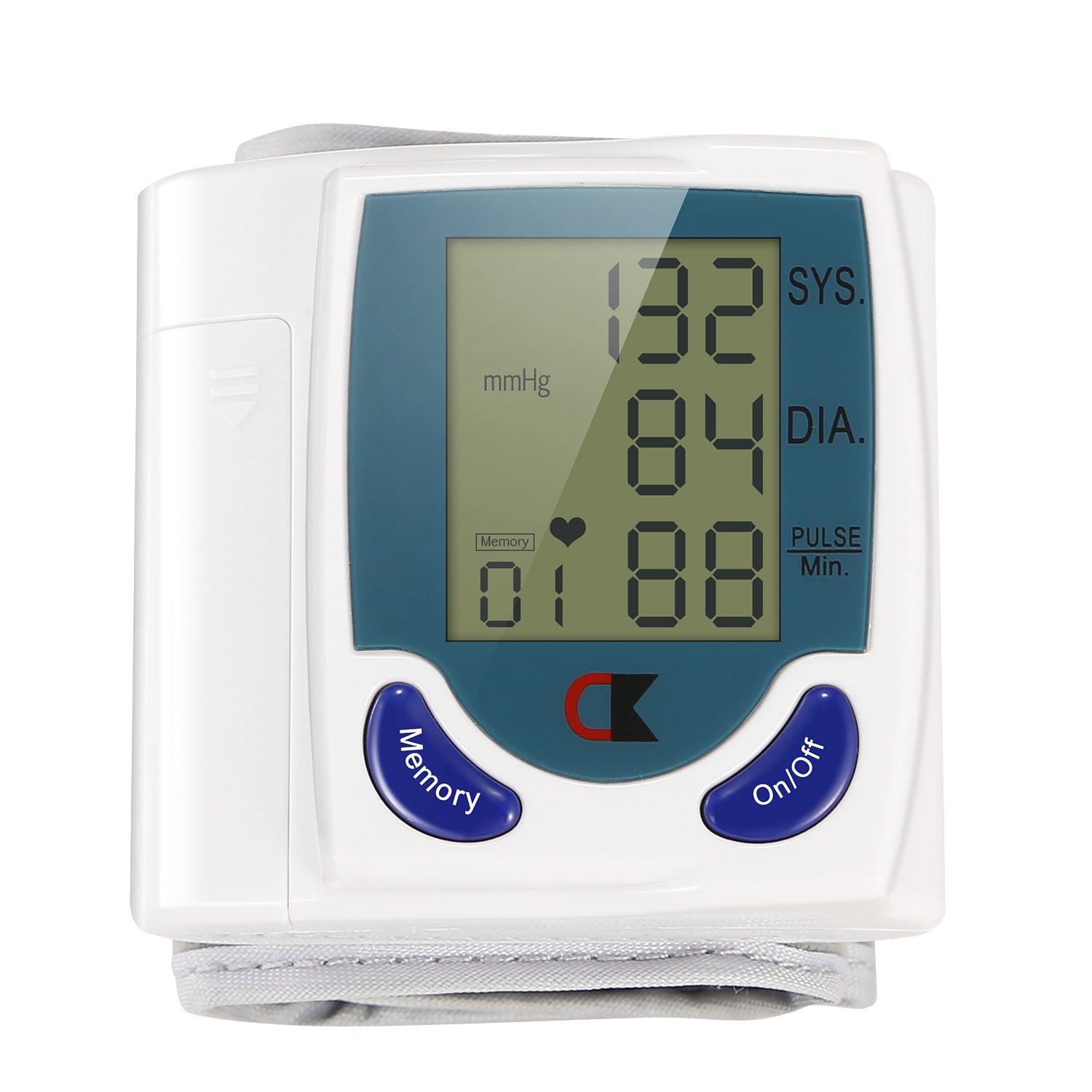 White digital blood pressure monitor with blue LCD showing systolic, diastolic, pulse readings.