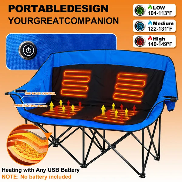 Oversized heated camping chair with blue upholstery, glowing red heat pads, control dial