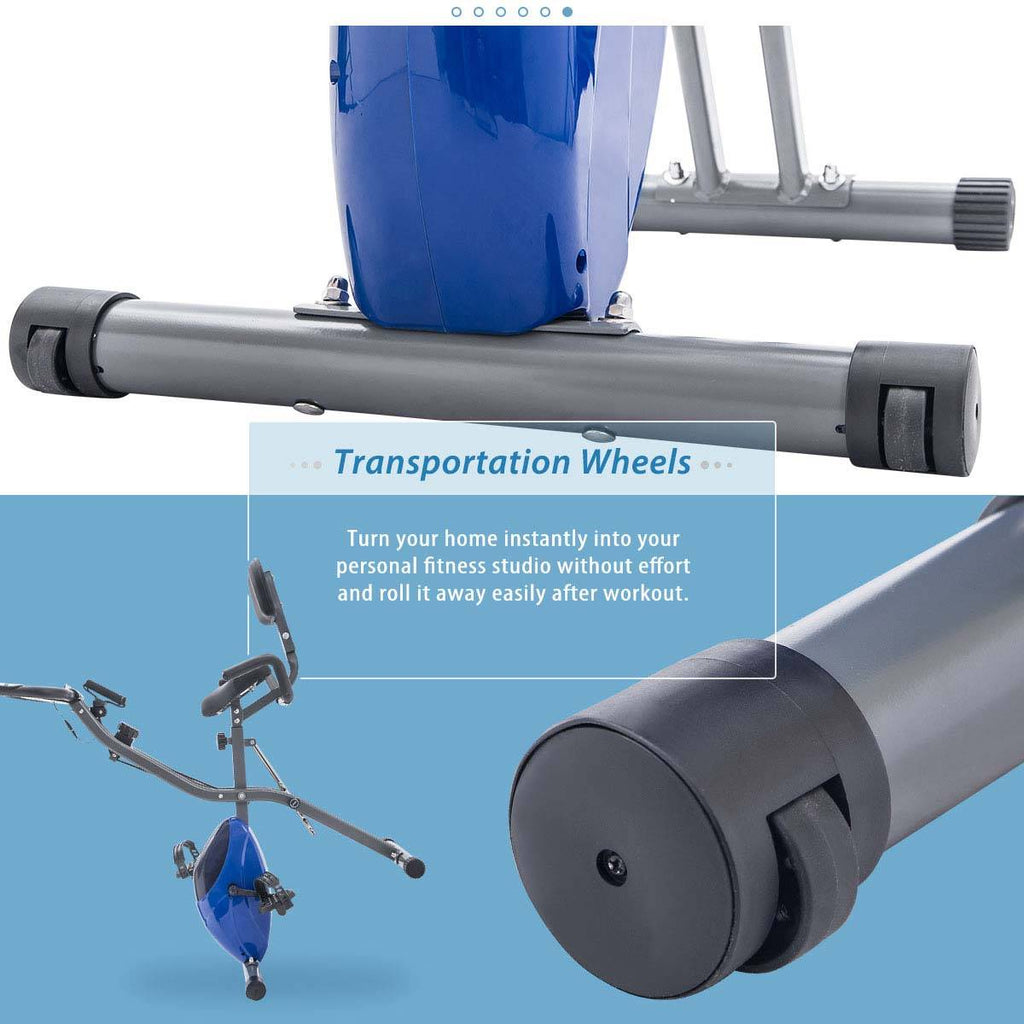 Folding exercise bike base with front transport wheels and blue flywheel housing