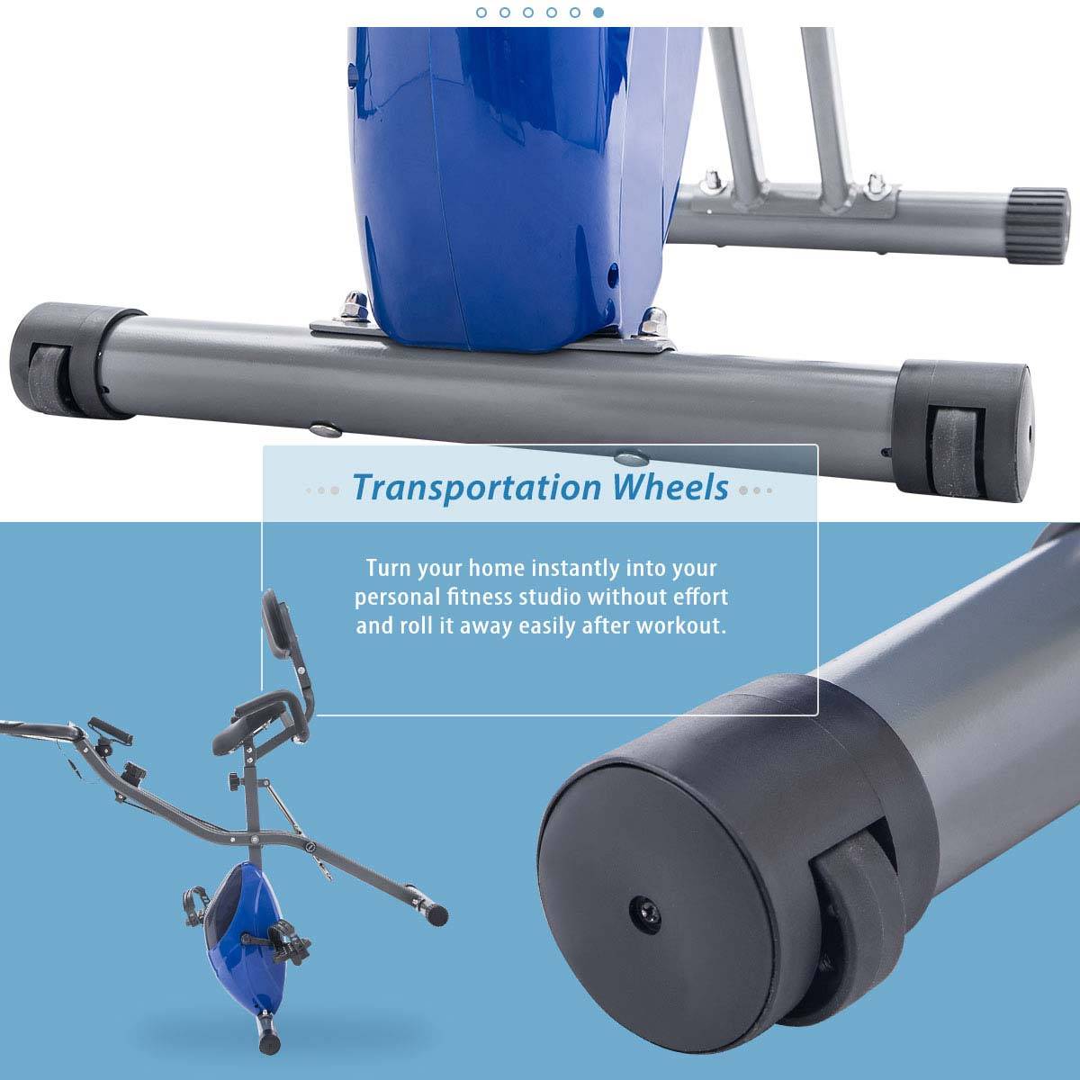 Folding exercise bike base with front transport wheels and blue flywheel housing