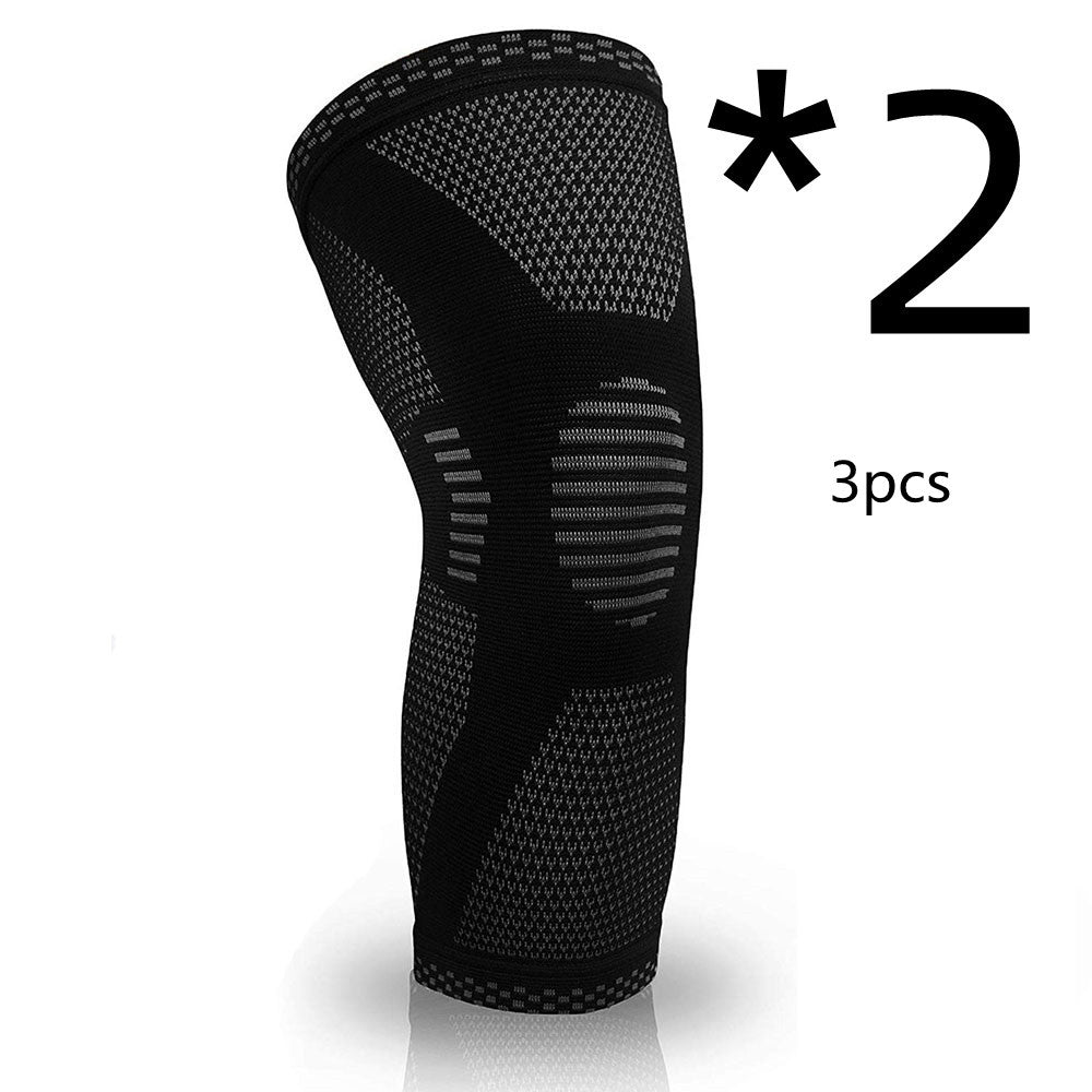 Black knee compression sleeve with teal knit stripes and ribbed compression bands