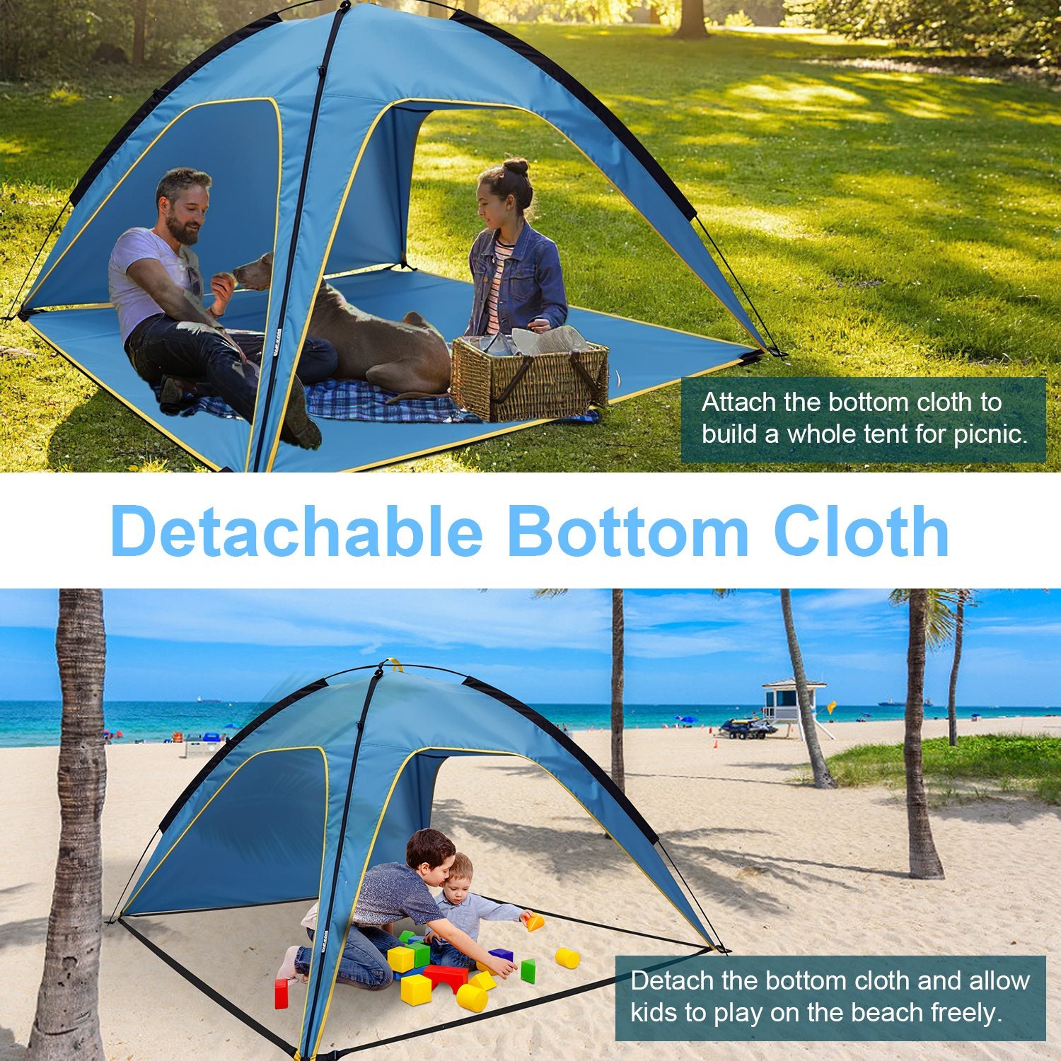 Blue beach tent canopy with detachable bottom cloth attached at the base for use.