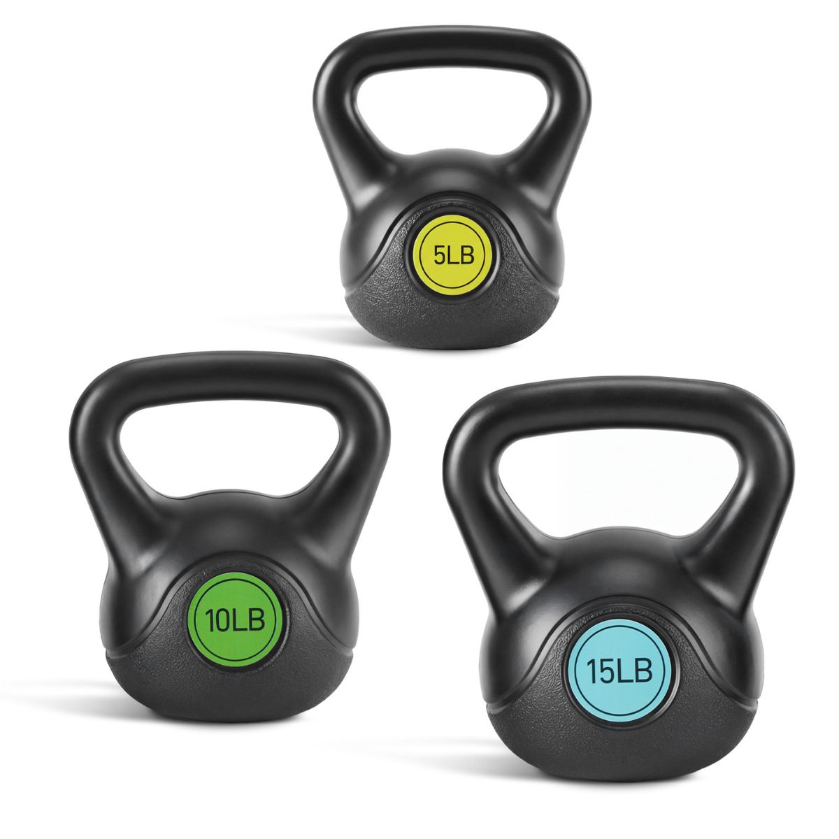 Black kettlebell with wide handle and 5LB yellow weight badge