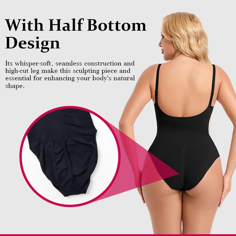 Black seamless bodysuit with high-cut legs and open-back shaping