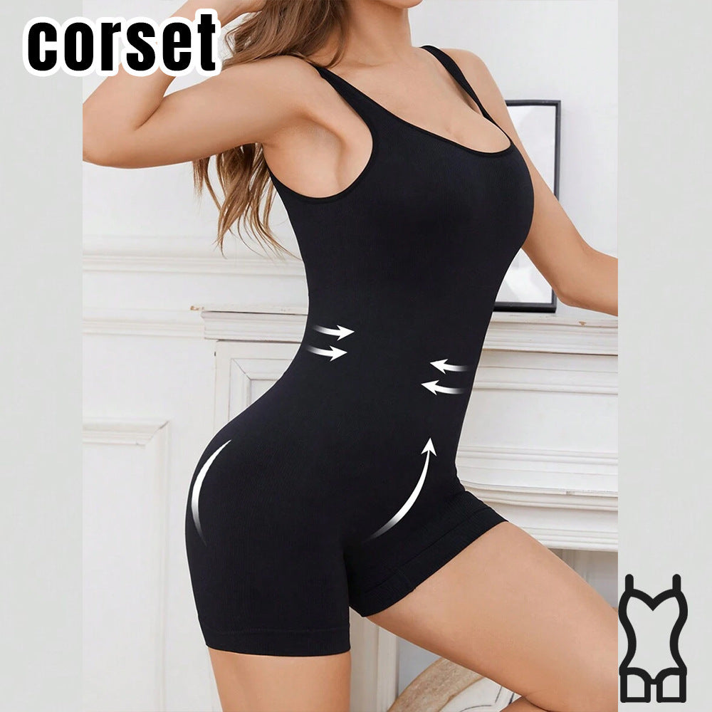 Black sculpting bodysuit with scoop neckline, wide straps, and mid-thigh shorts