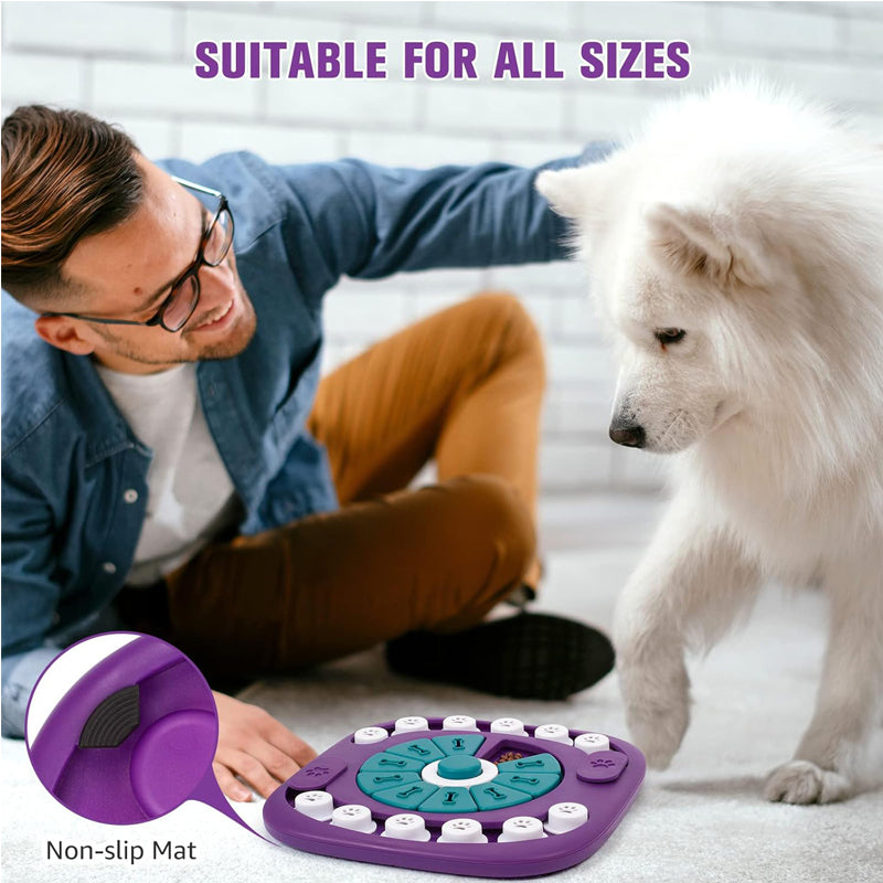 Purple interactive dog puzzle feeder on a non-slip base with teal bone openings