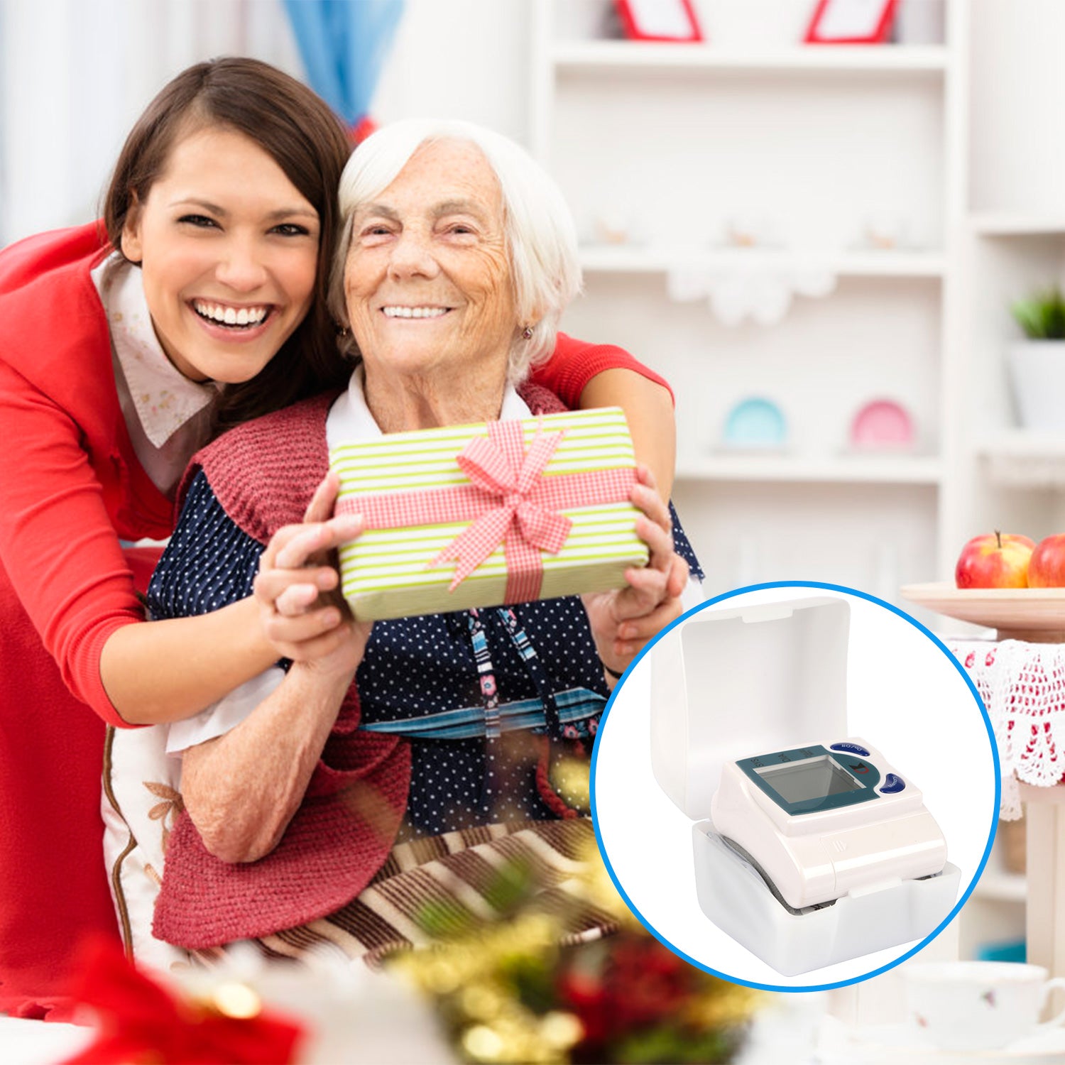 White digital wrist blood pressure monitor with LCD screen, shown inset on a cuff.
